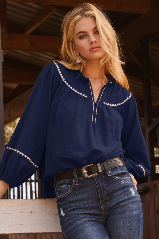 Embroidery Ruffle Neckline Blouse