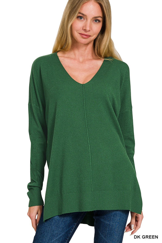 Hi-Low Hem V-Neck Sweater | Dark Green