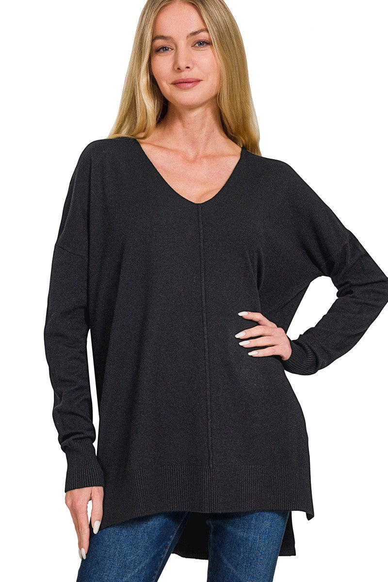 High-Low Hem Front Seam Sweater | Black