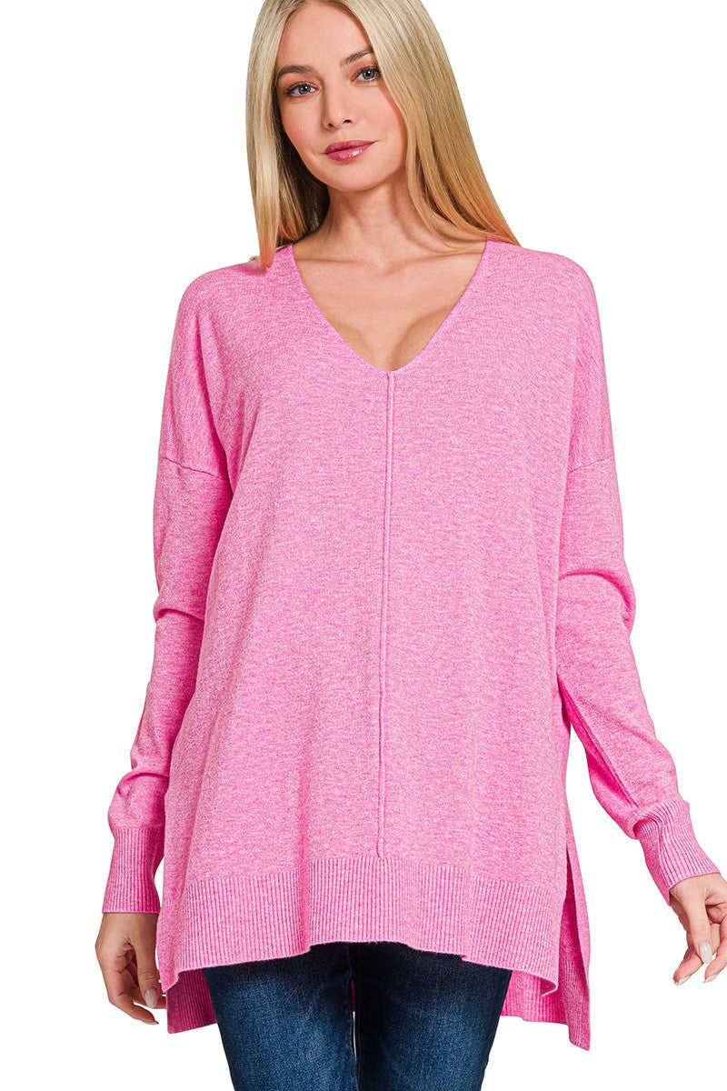 High-Low Hem Front Seam Sweater | Heather Candy Pink