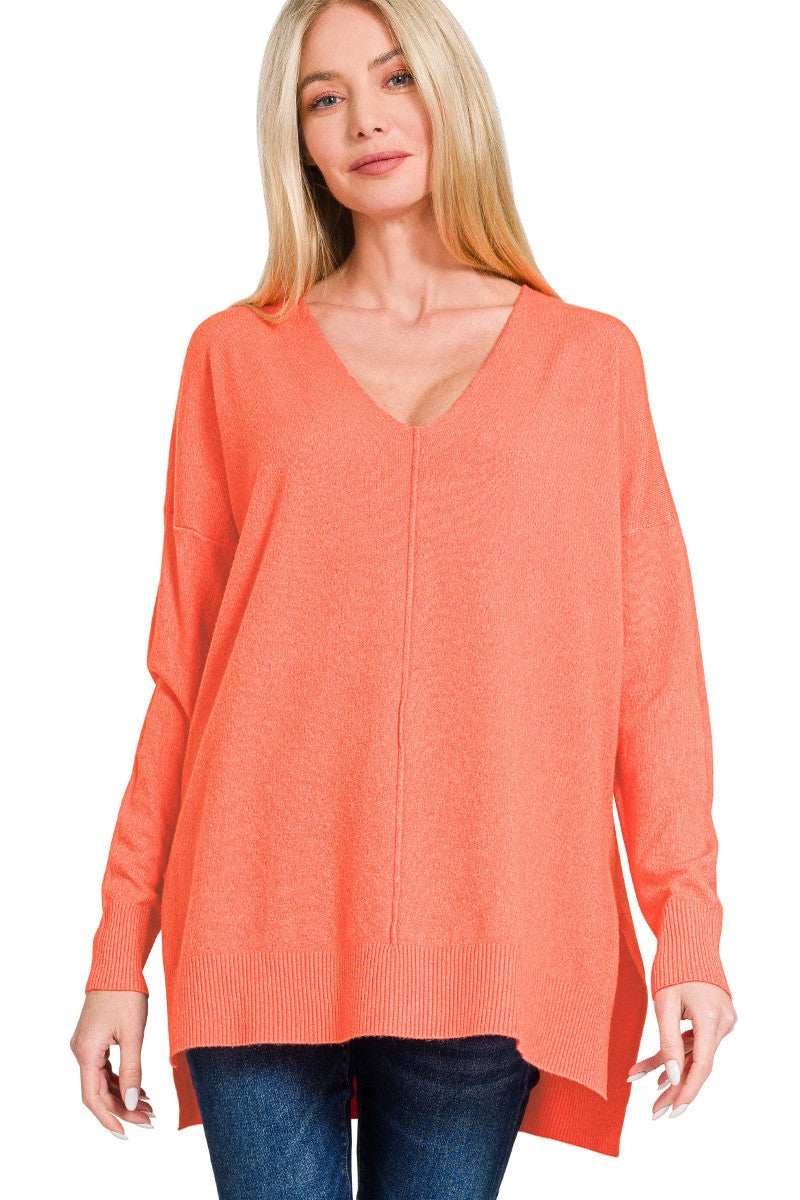 High-Low Hem Front Seam Sweater | Heather Coral