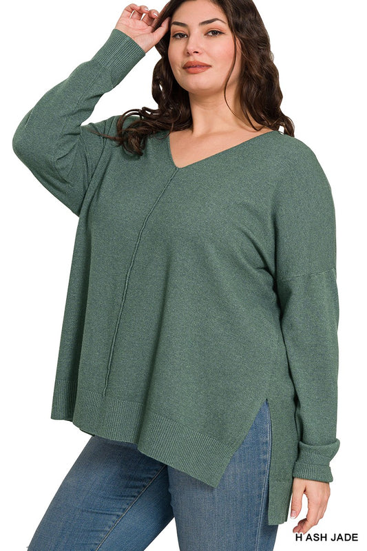 High-Low Hem Front Seam Sweater | Heather Ash Jade