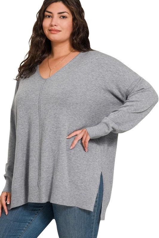 PLUS EXCLUSIVE High-Low Hem Front Seam Sweater