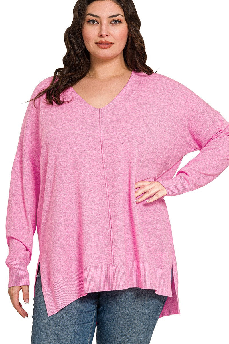 High-Low Hem Front Seam Sweater | Heather Candy Pink