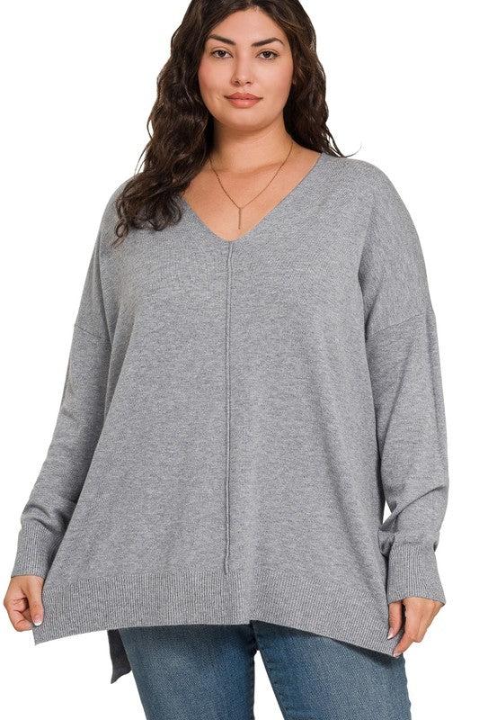 PLUS EXCLUSIVE High-Low Hem Front Seam Sweater