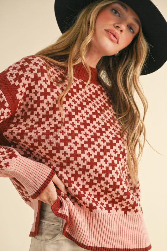 Patterned Pullover Sweater | Rust Pink