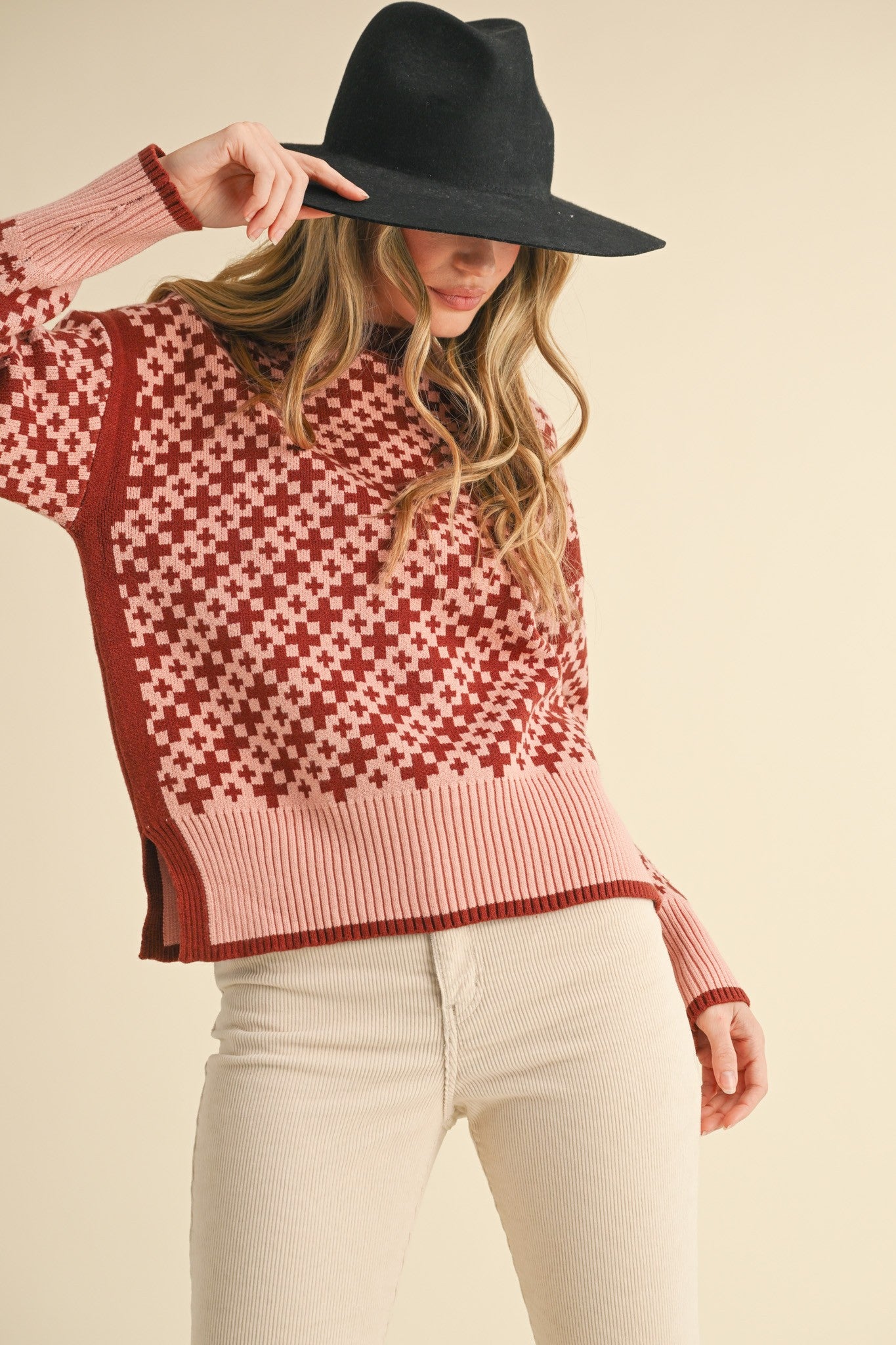 Patterned Pullover Sweater | Rust Pink