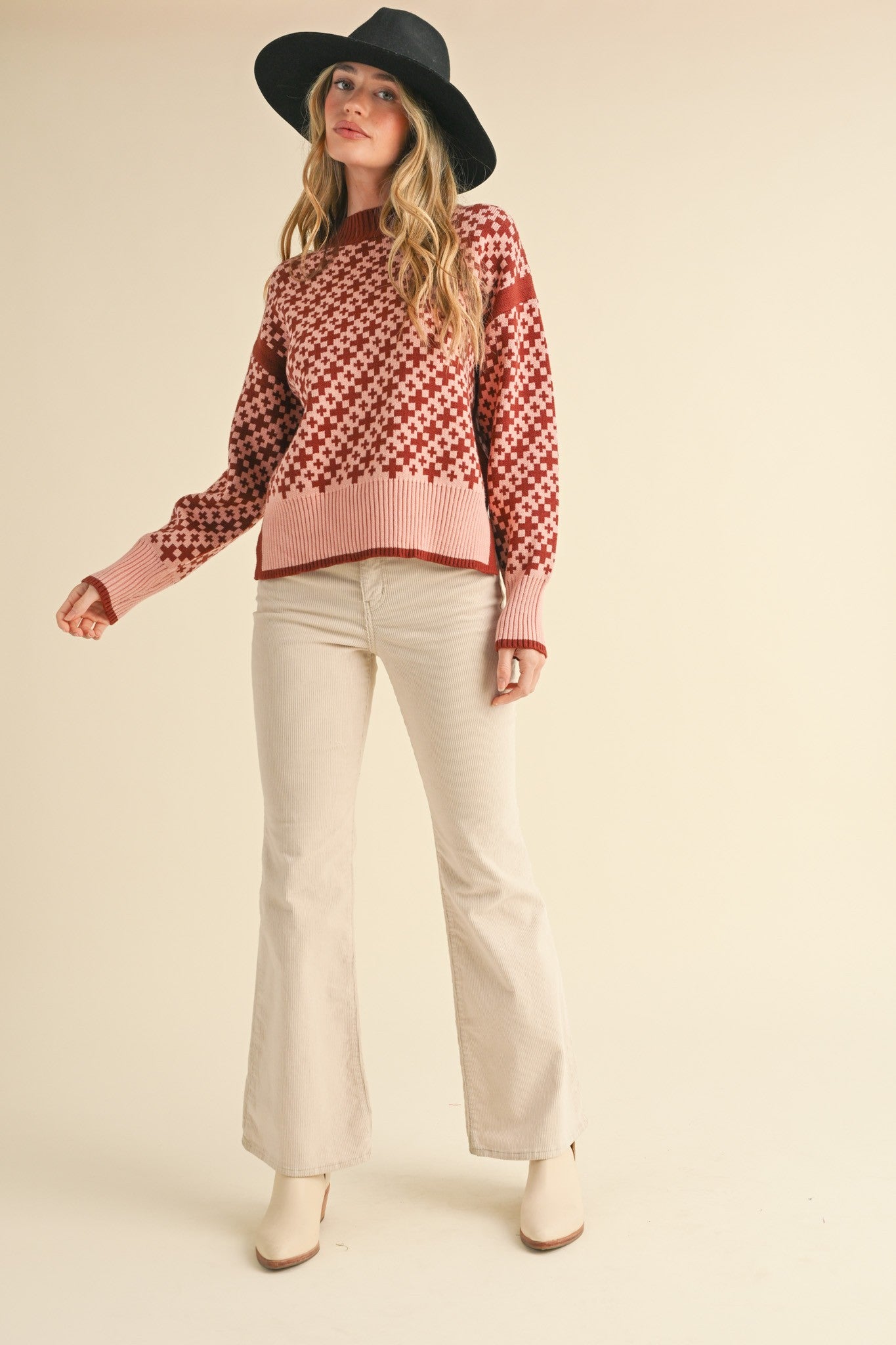 Patterned Pullover Sweater | Rust Pink