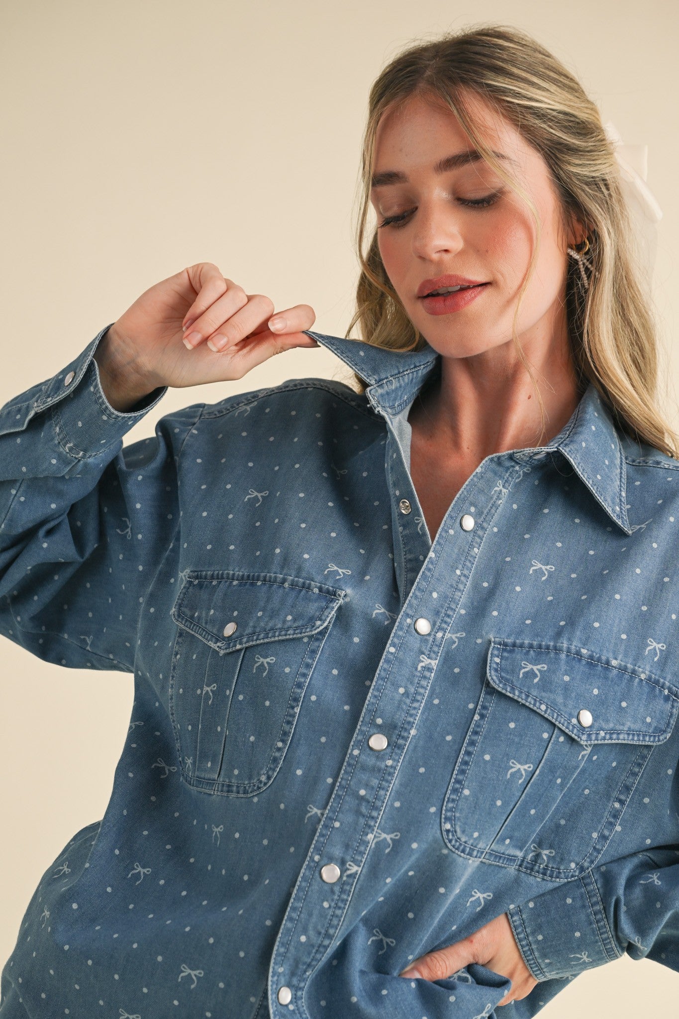 Bow Print Button Down Top