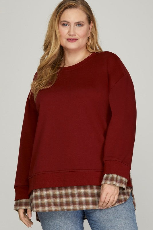 French Terry Plaid Detail Top | Wine