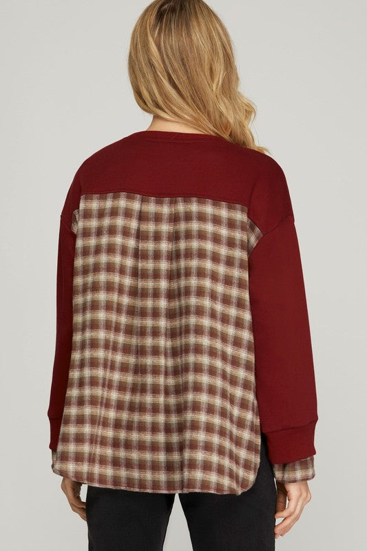 French Terry Plaid Detail Top | Wine