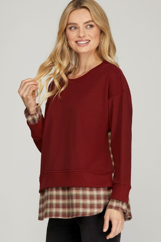 French Terry Plaid Detail Top | Wine