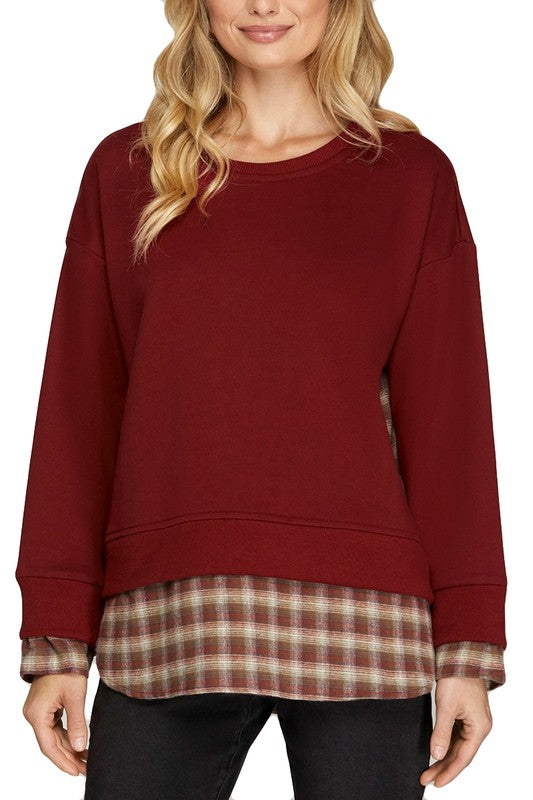 French Terry Plaid Detail Top | Wine