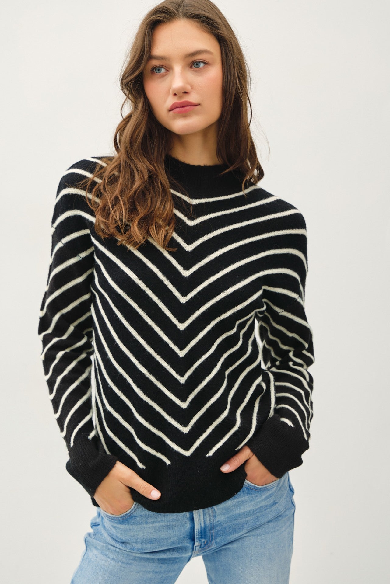 Diagonal Stripe Mock Sweater