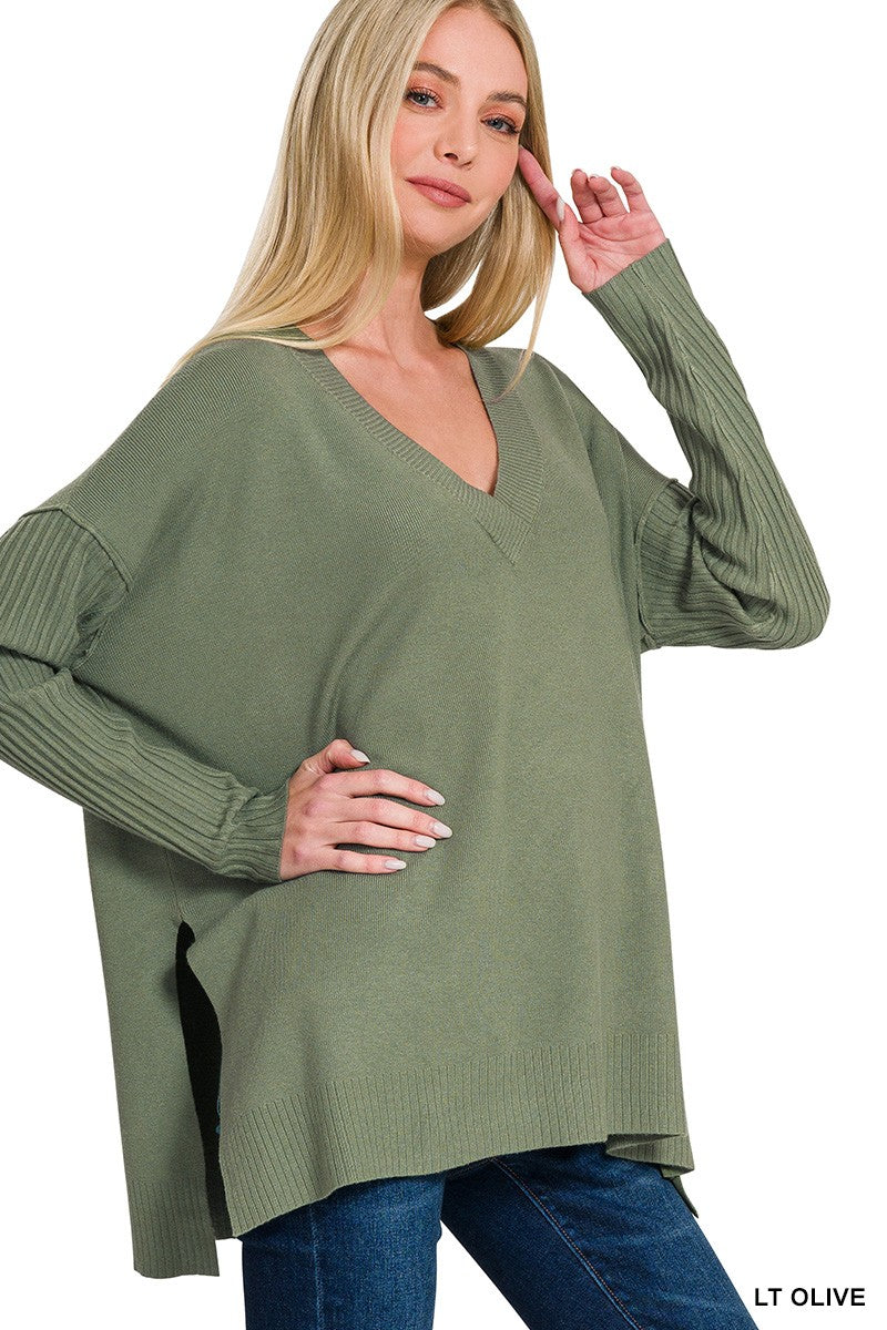 Ribbed V-Neck Sweater | Light Olive