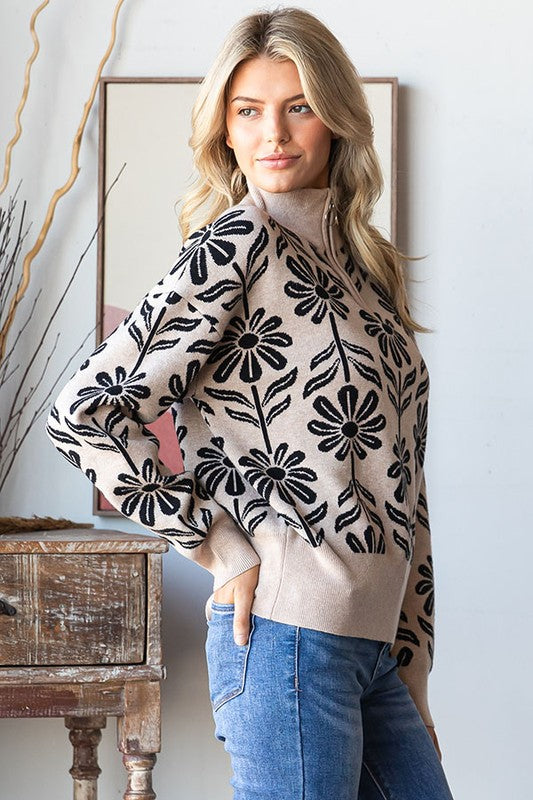 Floral Pattern Half-Zip Sweater