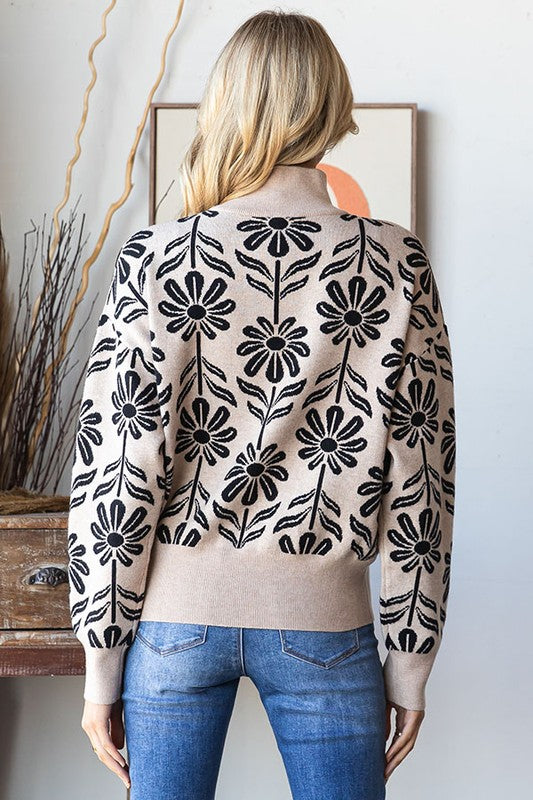 Floral Pattern Half-Zip Sweater