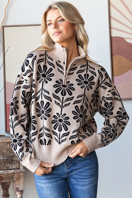 Floral Pattern Half-Zip Sweater