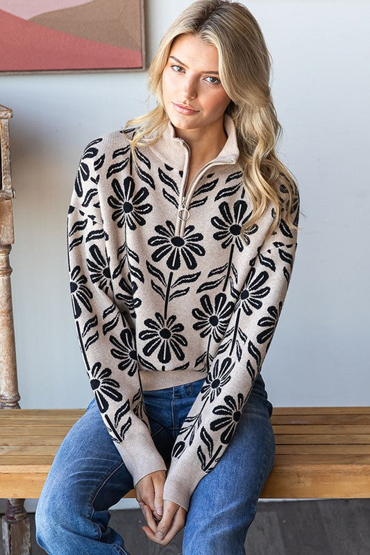 Floral Pattern Half-Zip Sweater