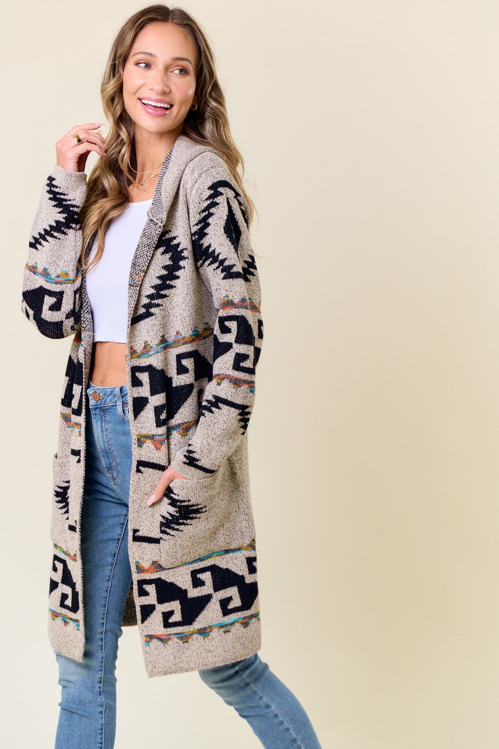 Hooded cardigan with Aztec Rainbow