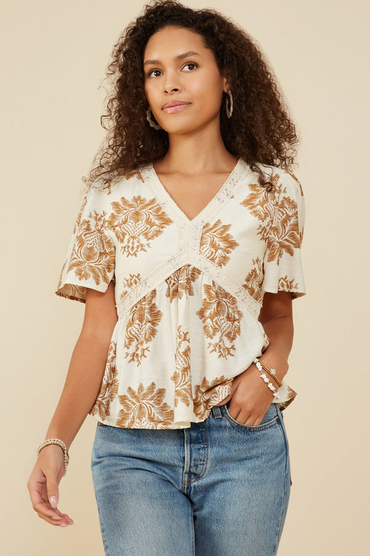 Textured Print Lace Detailed Top