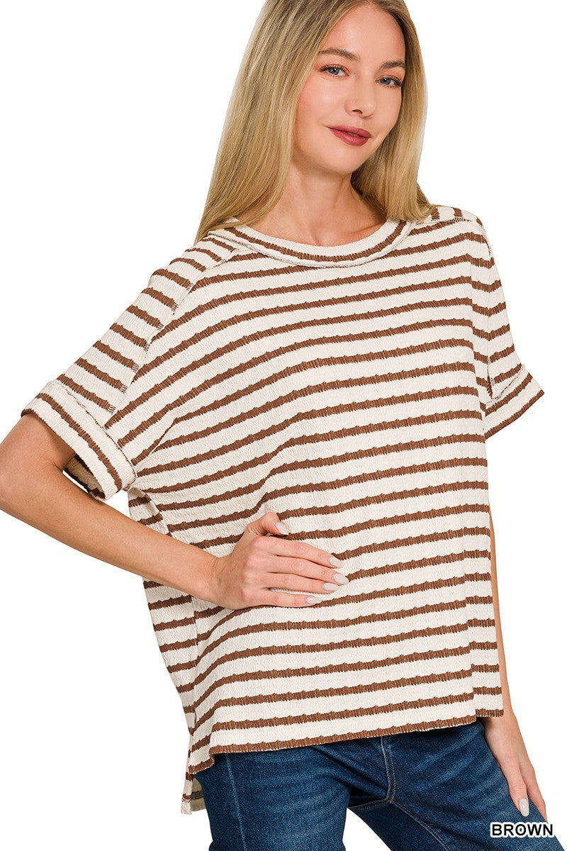 Textured Stripe Round Neck Box Tee
