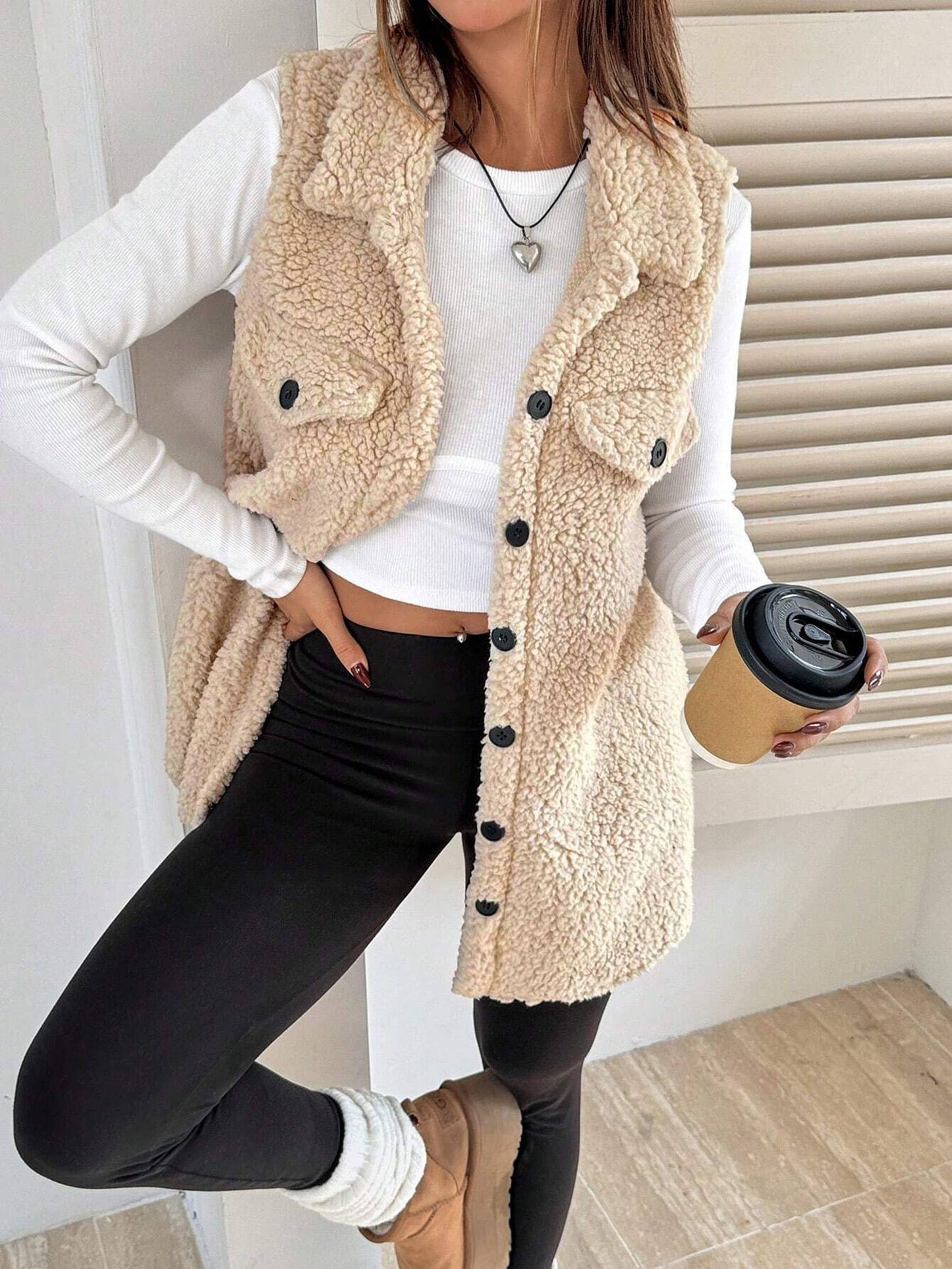 Flip Collar Button Up Plush Vest Jacket