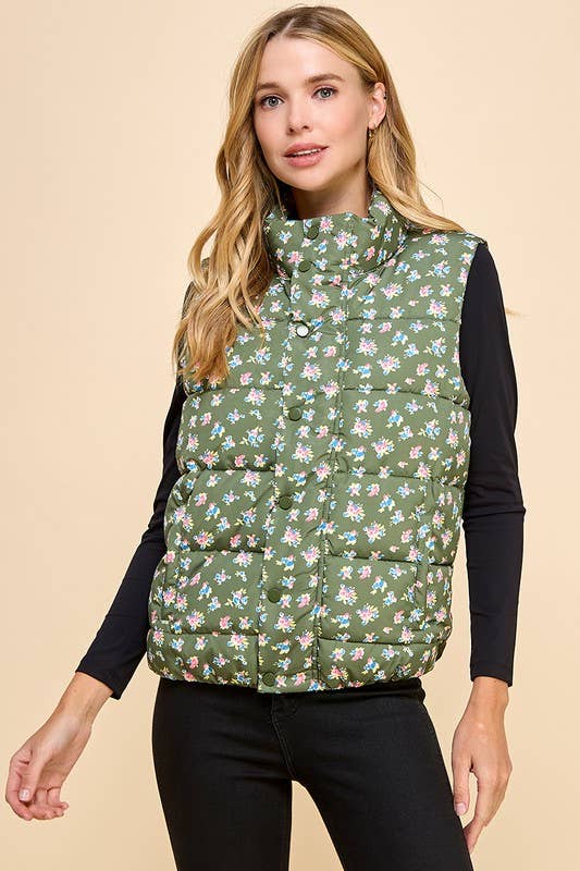 Floral Print Front Zipper Puffer Vest