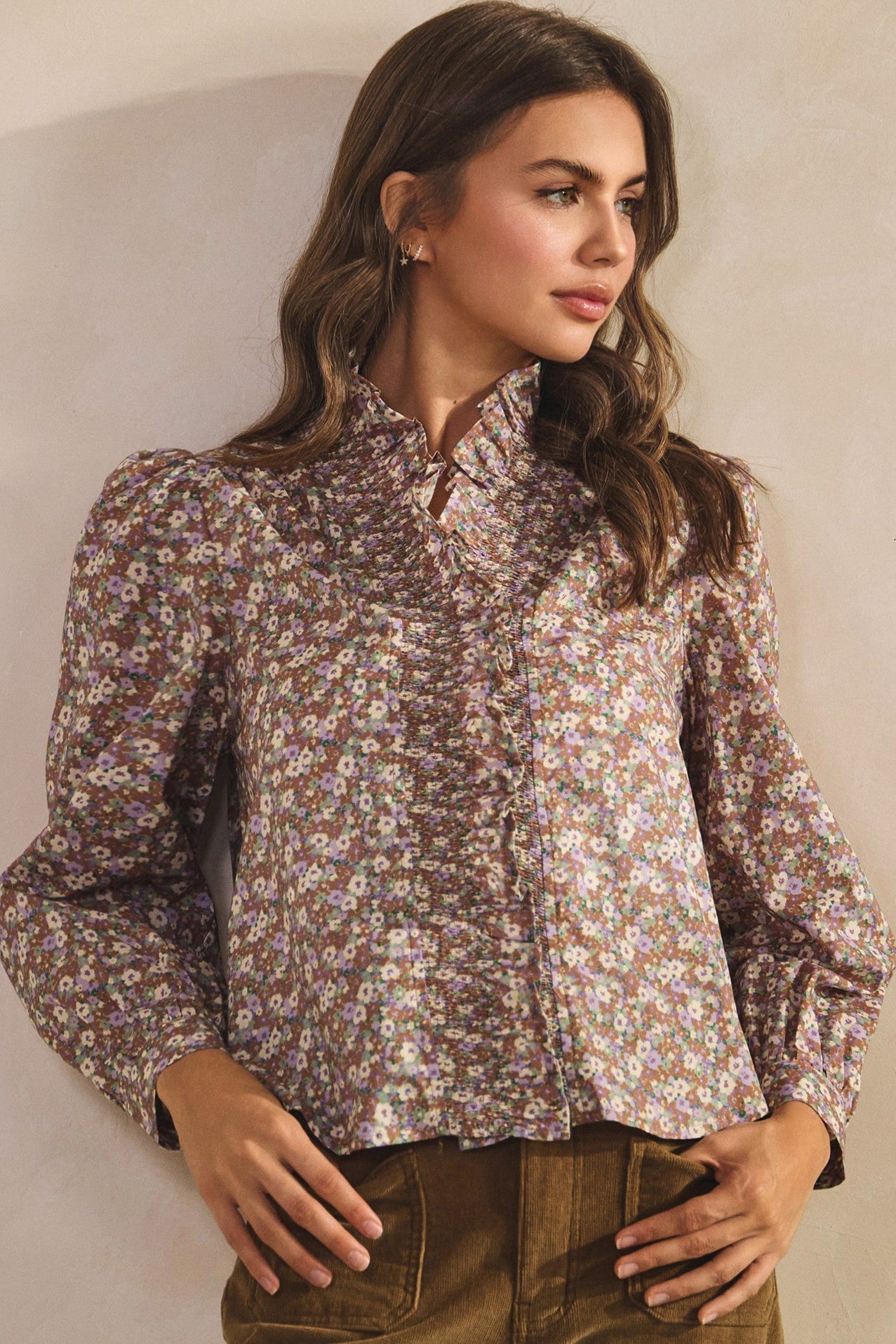 Ruffled Neck Floral Button Down Blouse