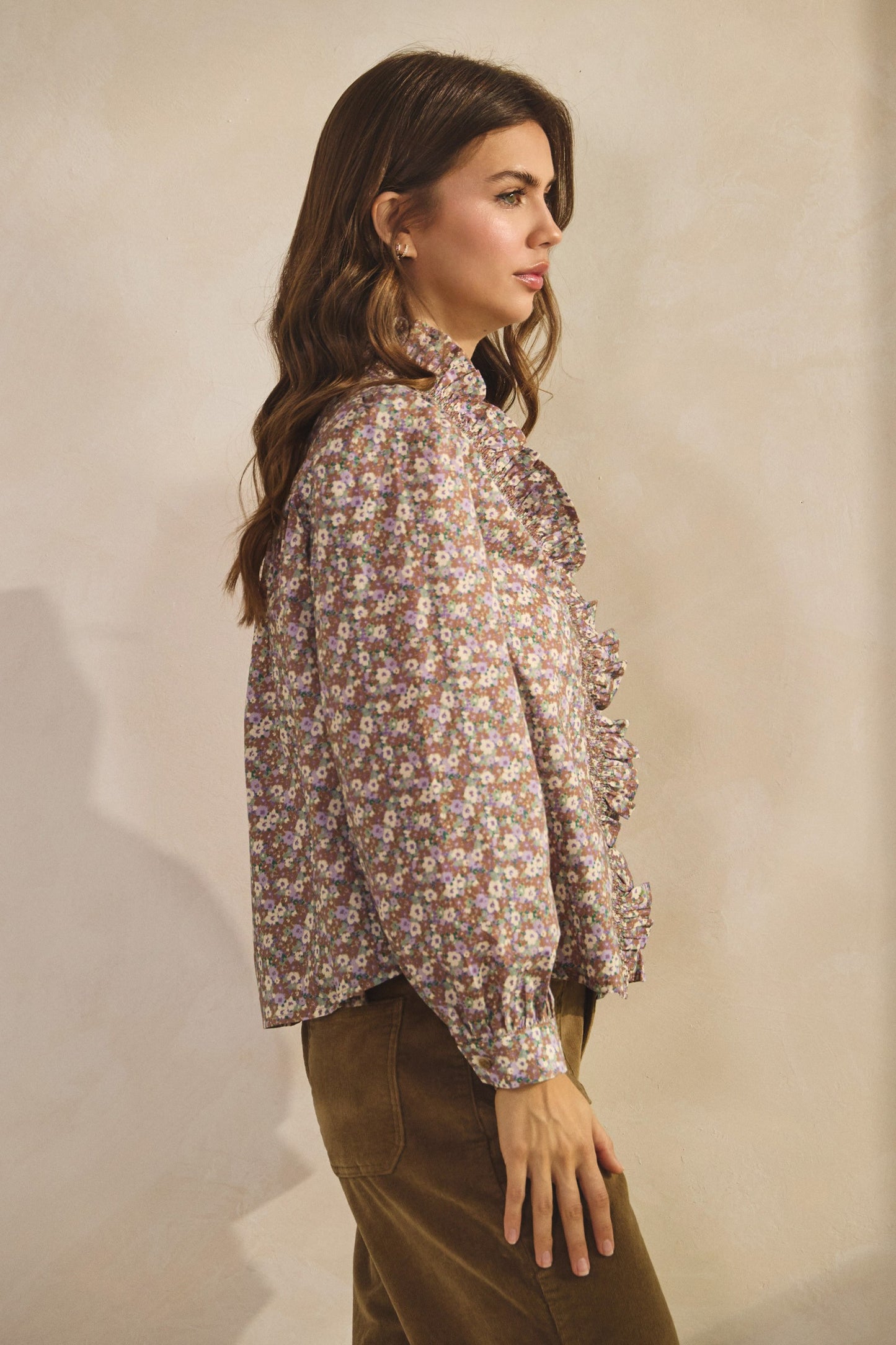 Ruffled Neck Floral Button Down Blouse
