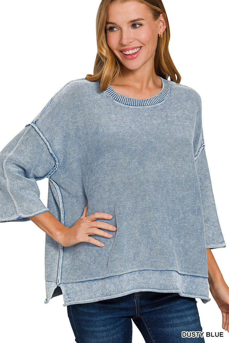 Washed 3/4 Sleeve Boxy Sweater | Blue Grey