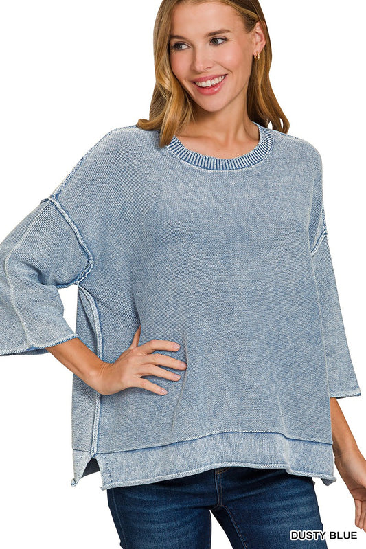 Washed 3/4 Sleeve Boxy Sweater | Blue Grey