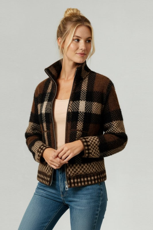 Zipper Plaid Sweater Cardigan