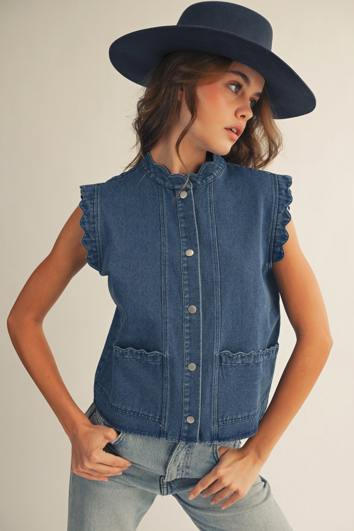 Washed Ruffle Edge Denim Vest