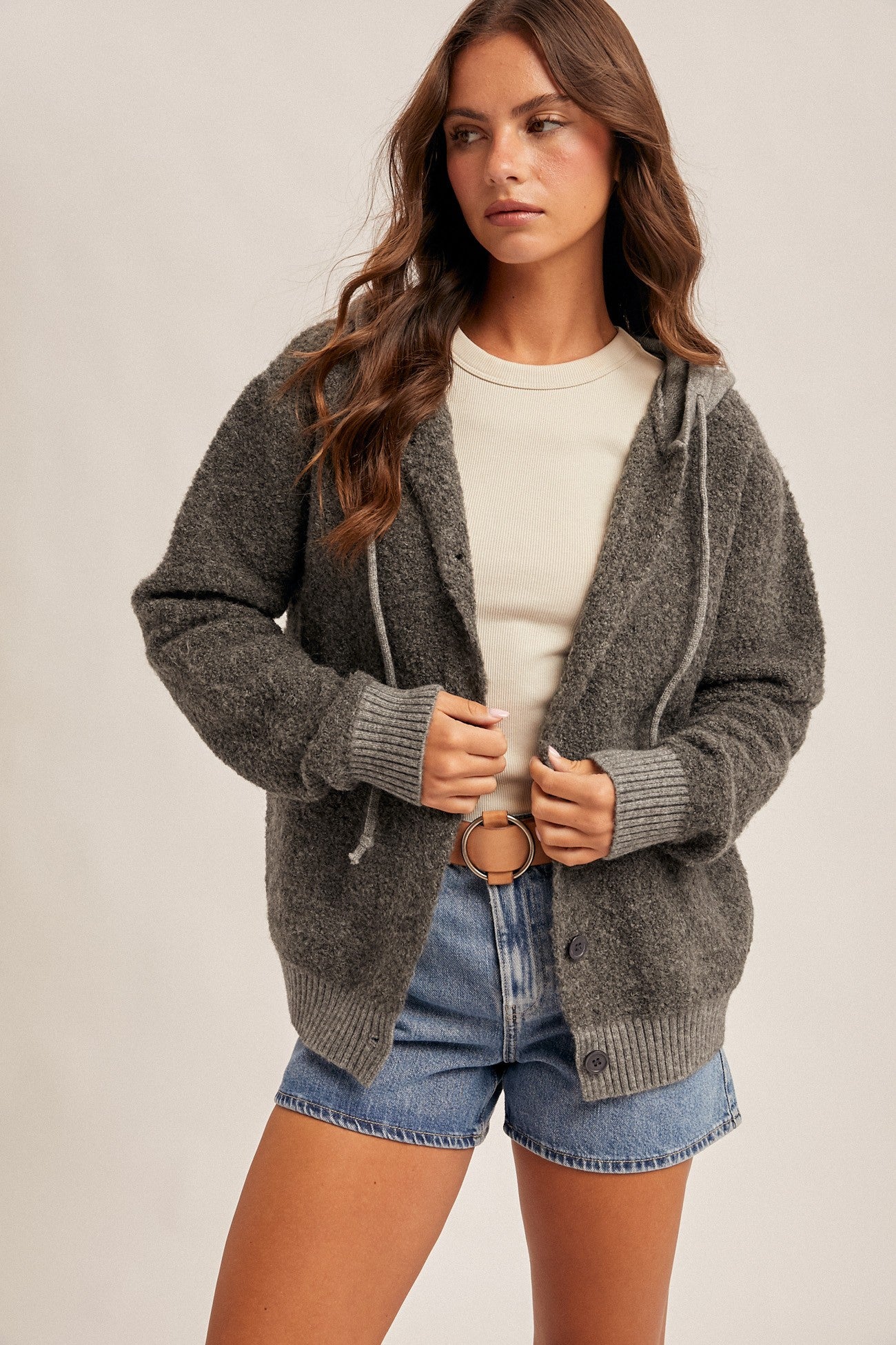 Button Boucle Hooded Cardigan