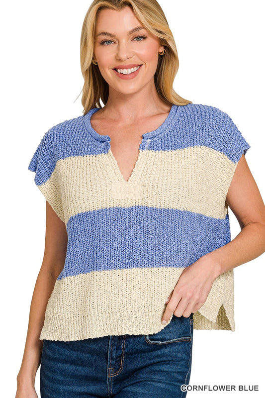 Split Neck Sleeveless Striped Sweater