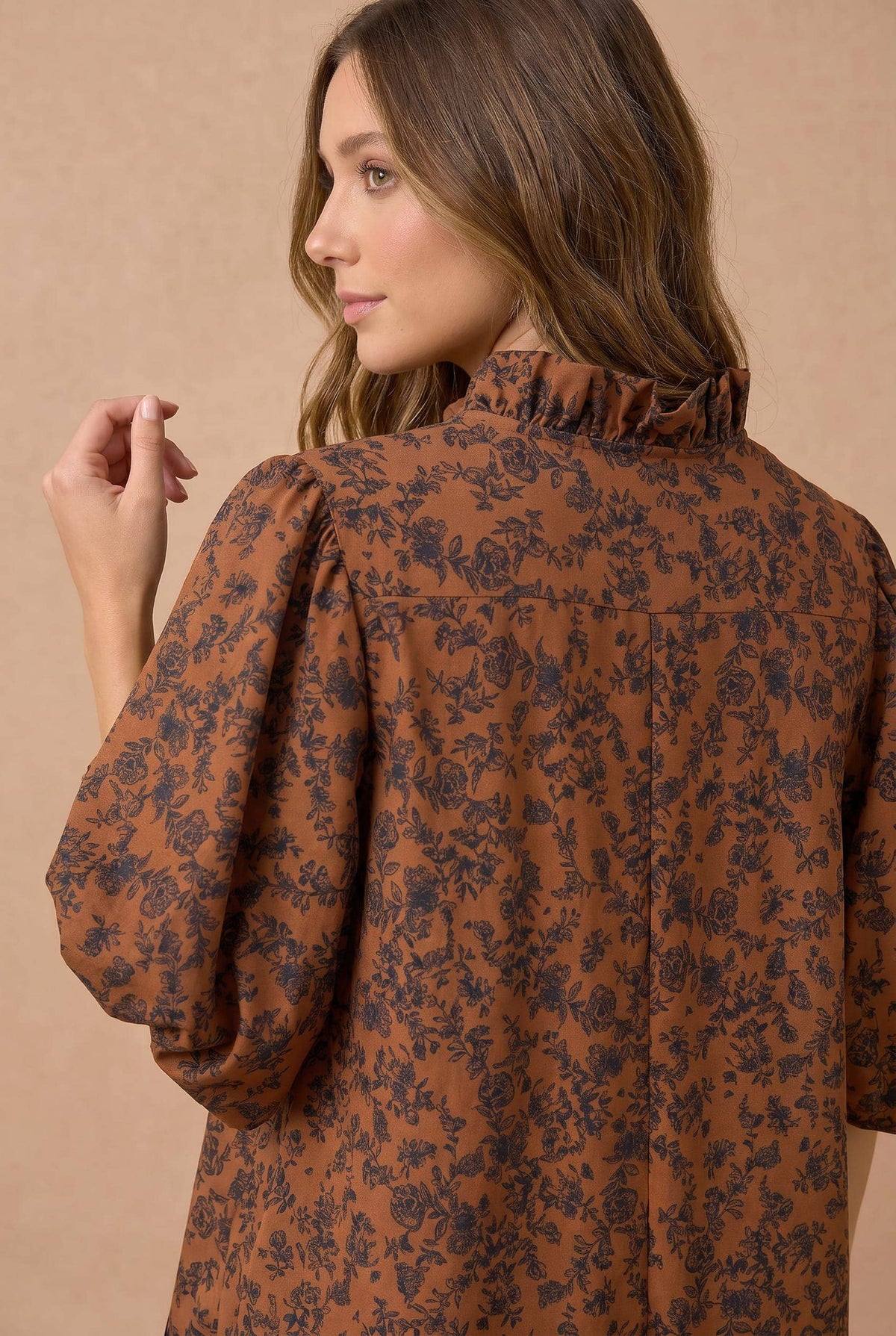 Floral Ruffle Notch Neck Blouse