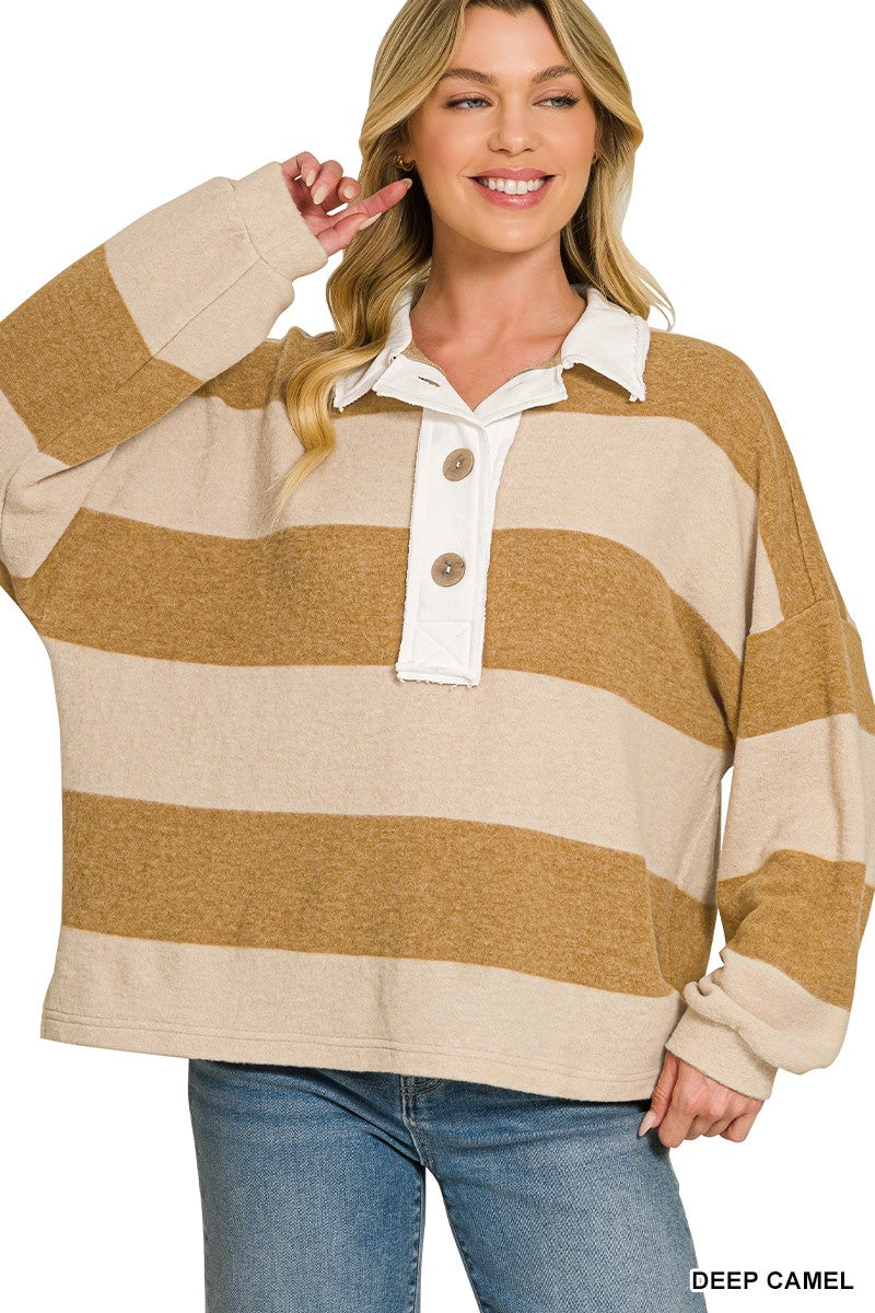 Brushed Striped Hacci Polo Sweater