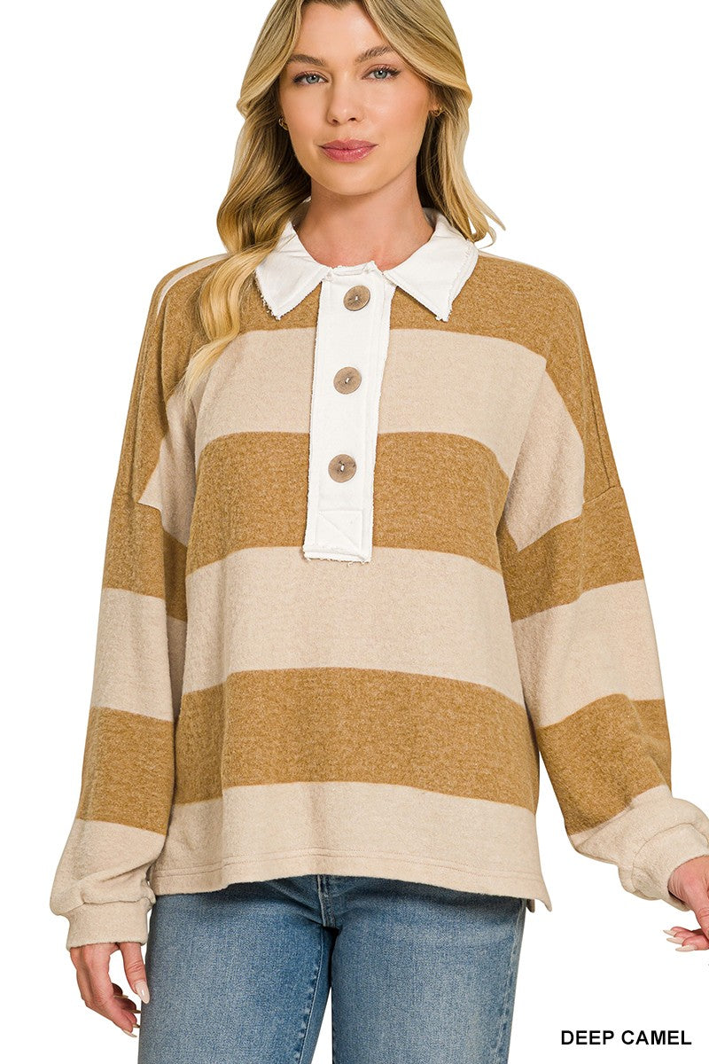 Brushed Striped Hacci Polo Sweater