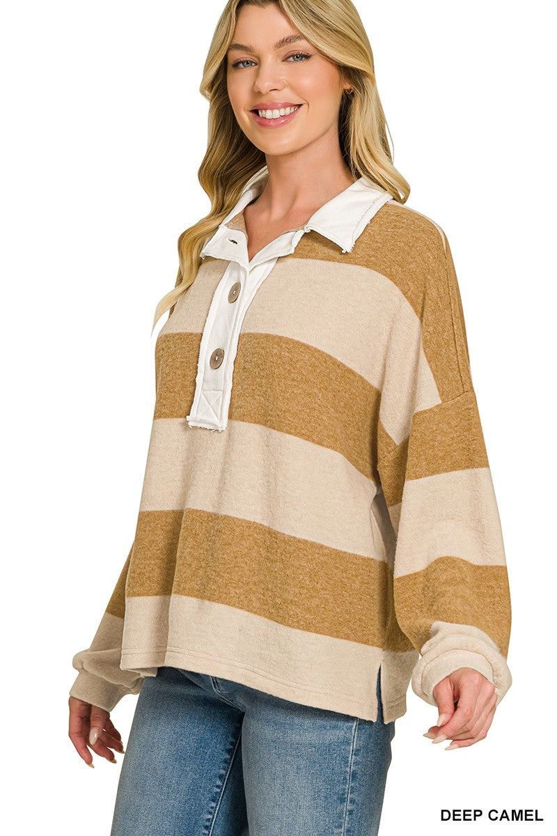 Brushed Striped Hacci Polo Sweater
