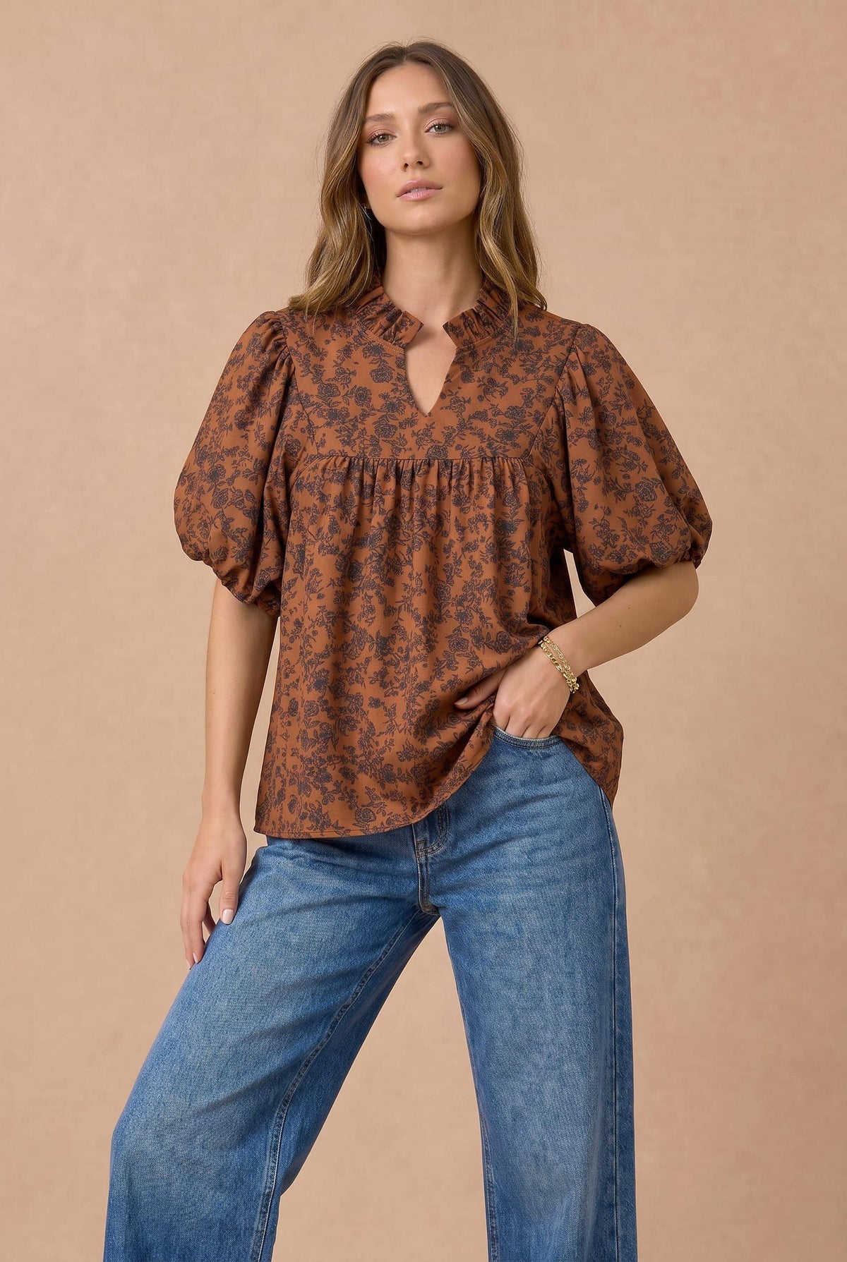 Floral Ruffle Notch Neck Blouse