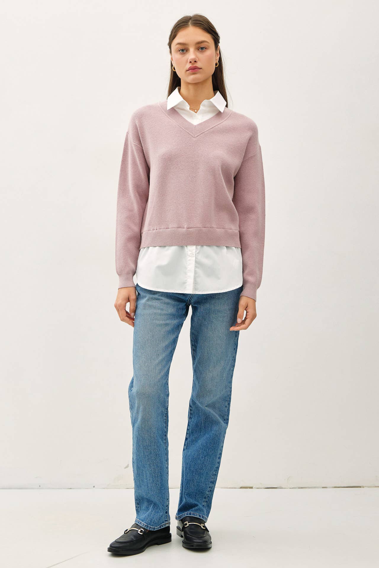 V-Neck Sweater with Button Up | Rosewood