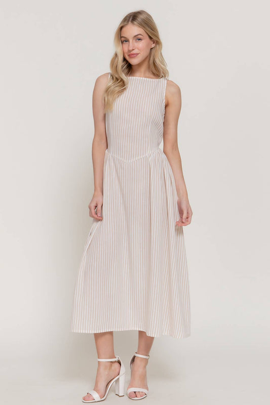 Stripe Print Linen Effect Dress | Beige