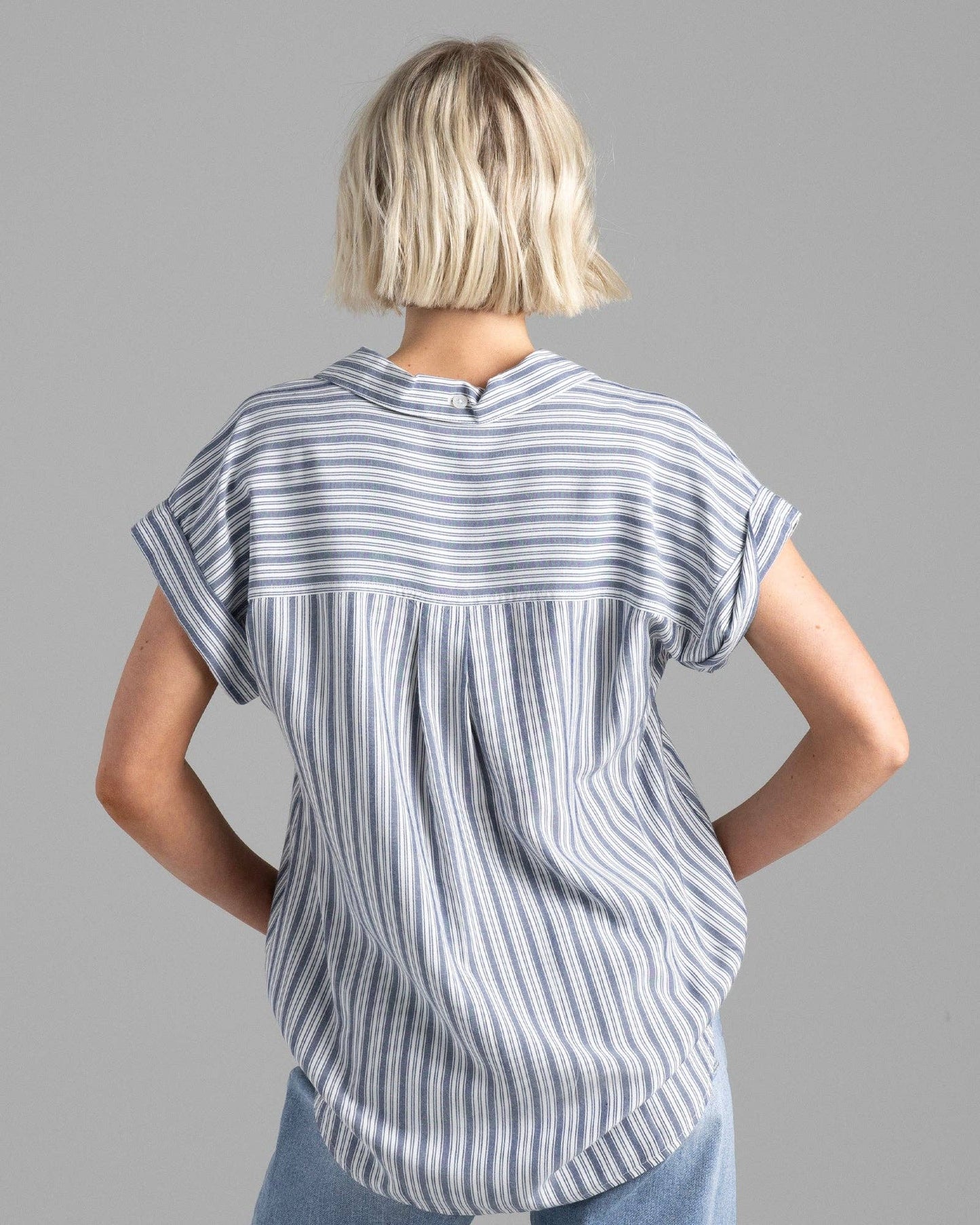 Blue Striped Short Sleeve Collared Button Down