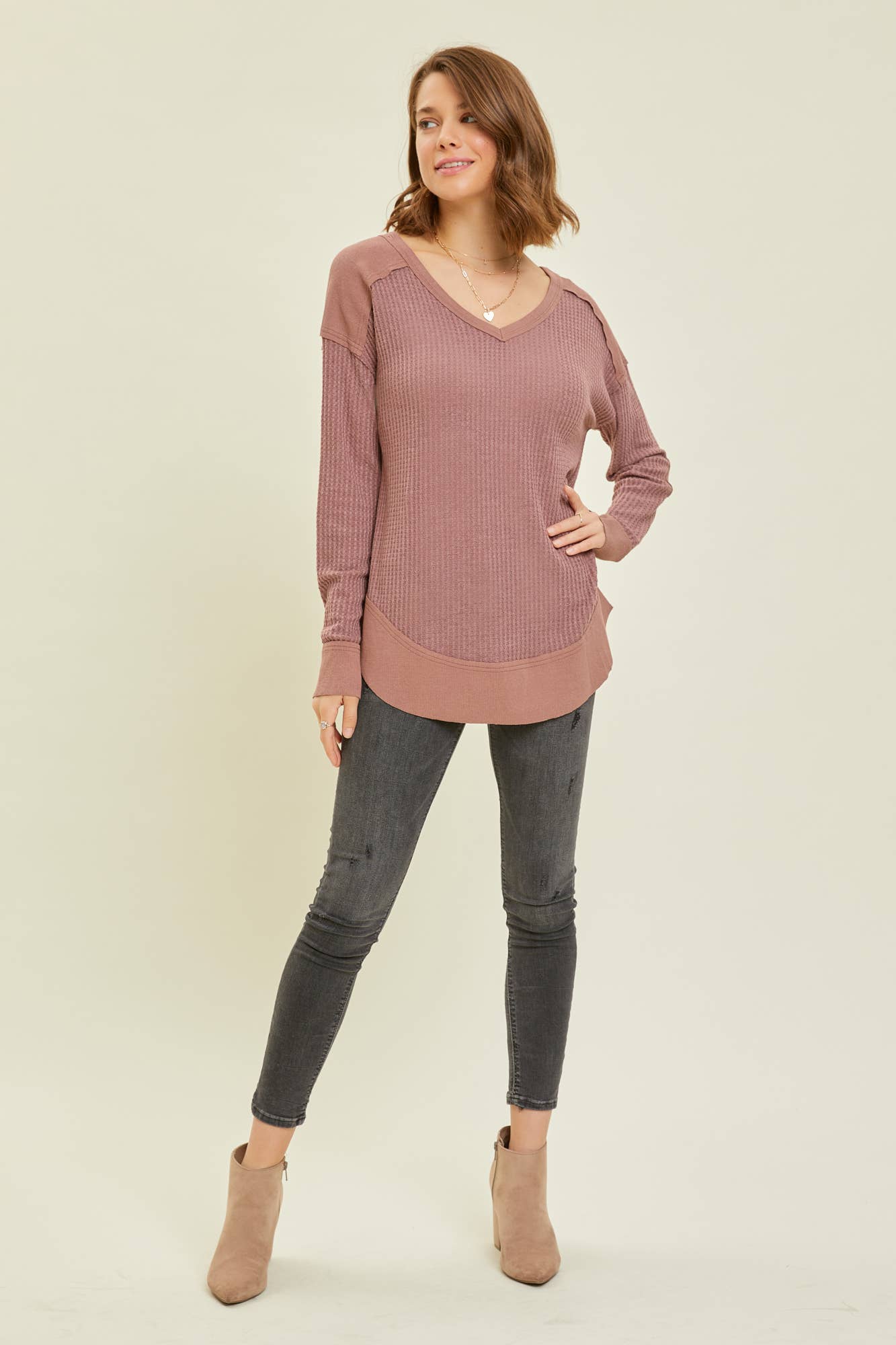 Thermal Layering V-Neck Top | Plum