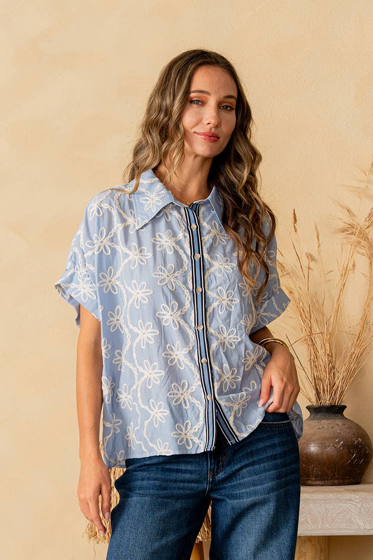 Dolman Sleeve Button Down Collared Embroidered Top