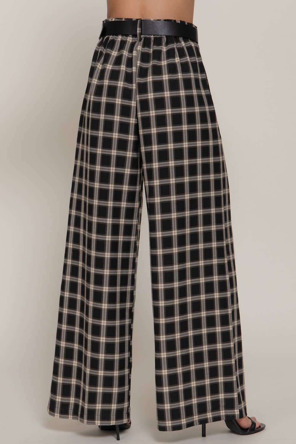 Belted Plaid Woven Wide Pants