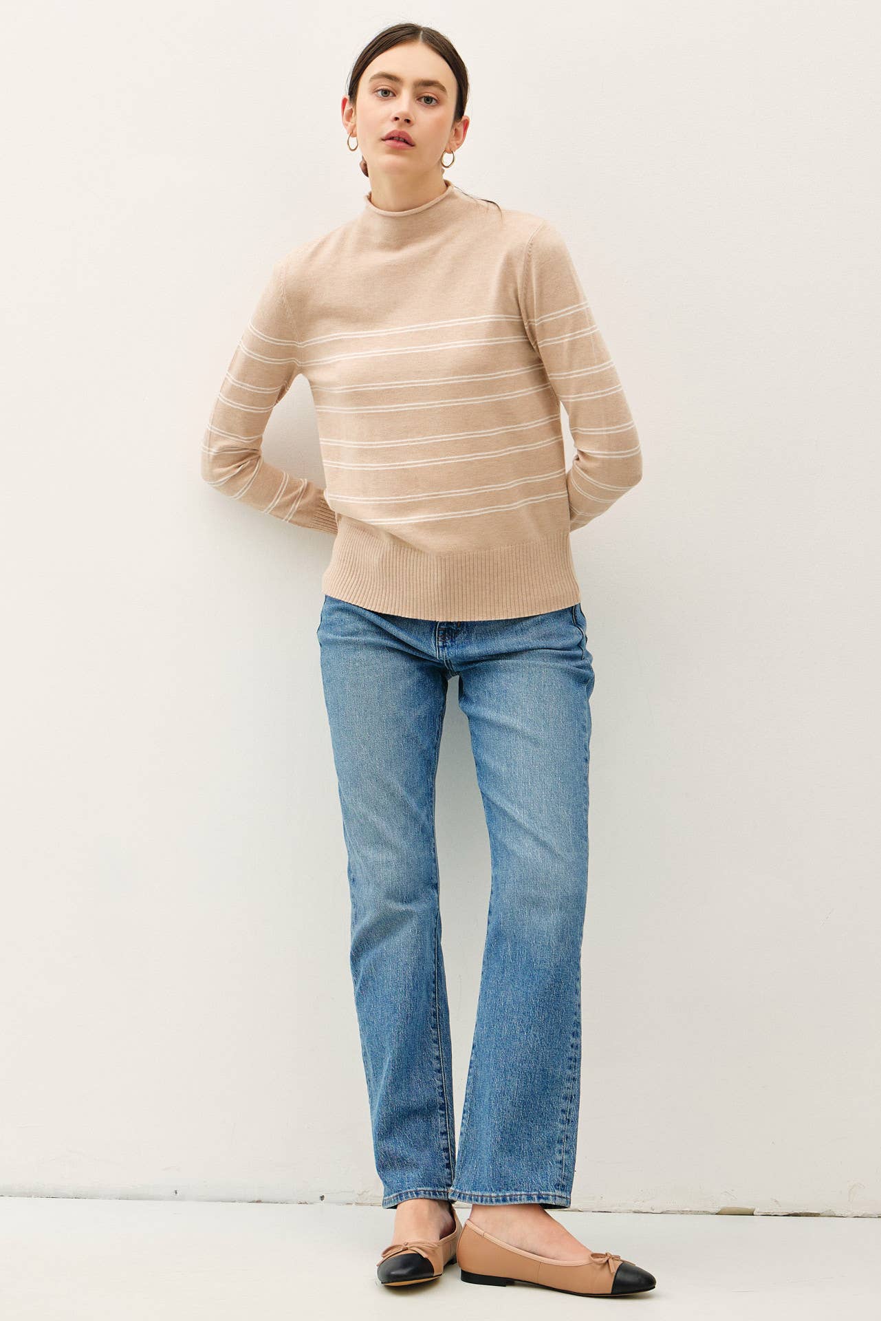 Thin Double Striped Mock Neck Sweater