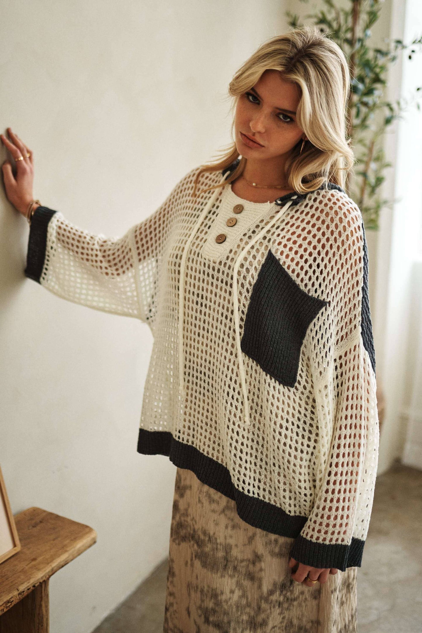 Hooded Fishnet Color Block Spring Sweater