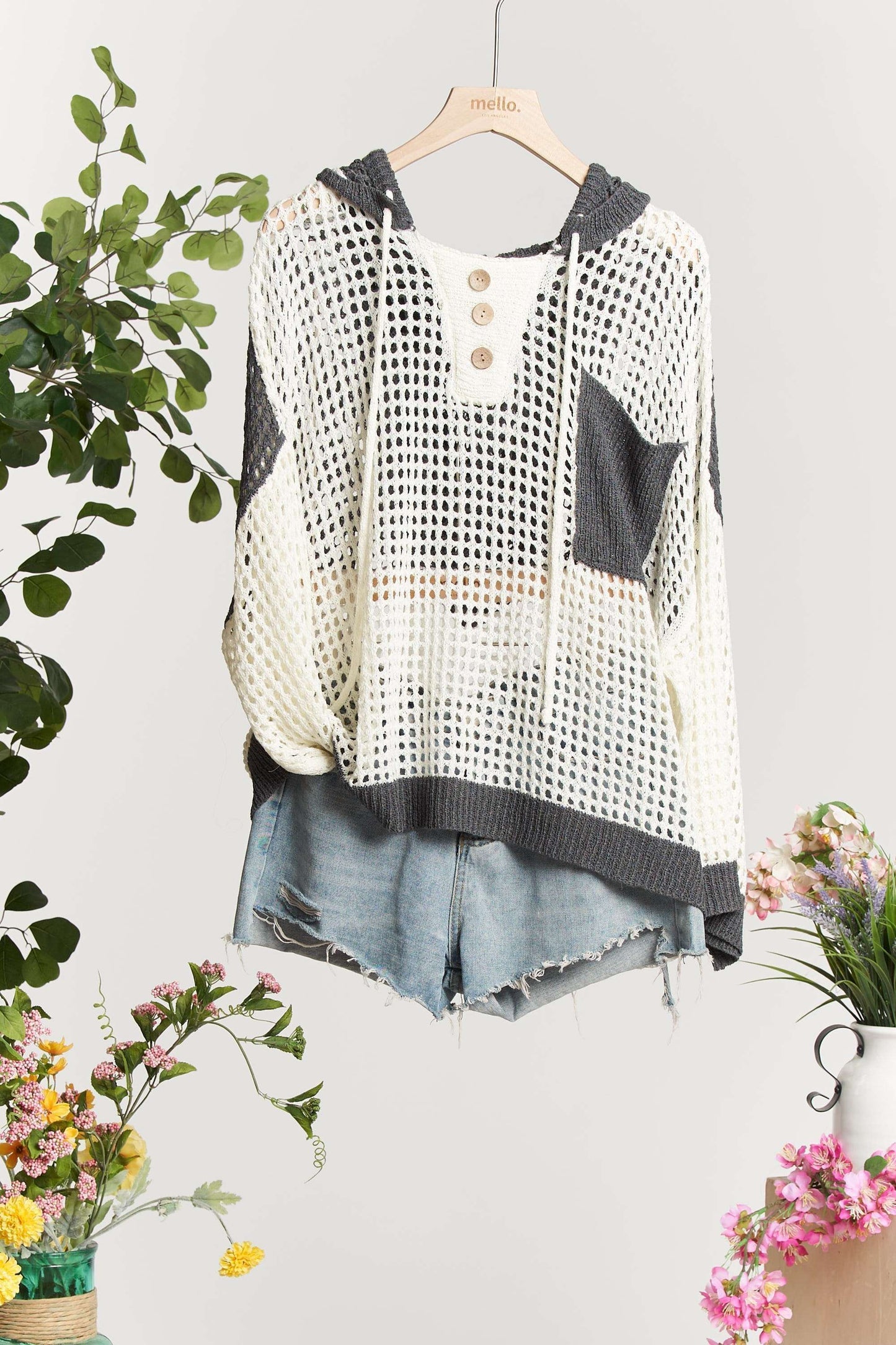 Hooded Fishnet Color Block Spring Sweater
